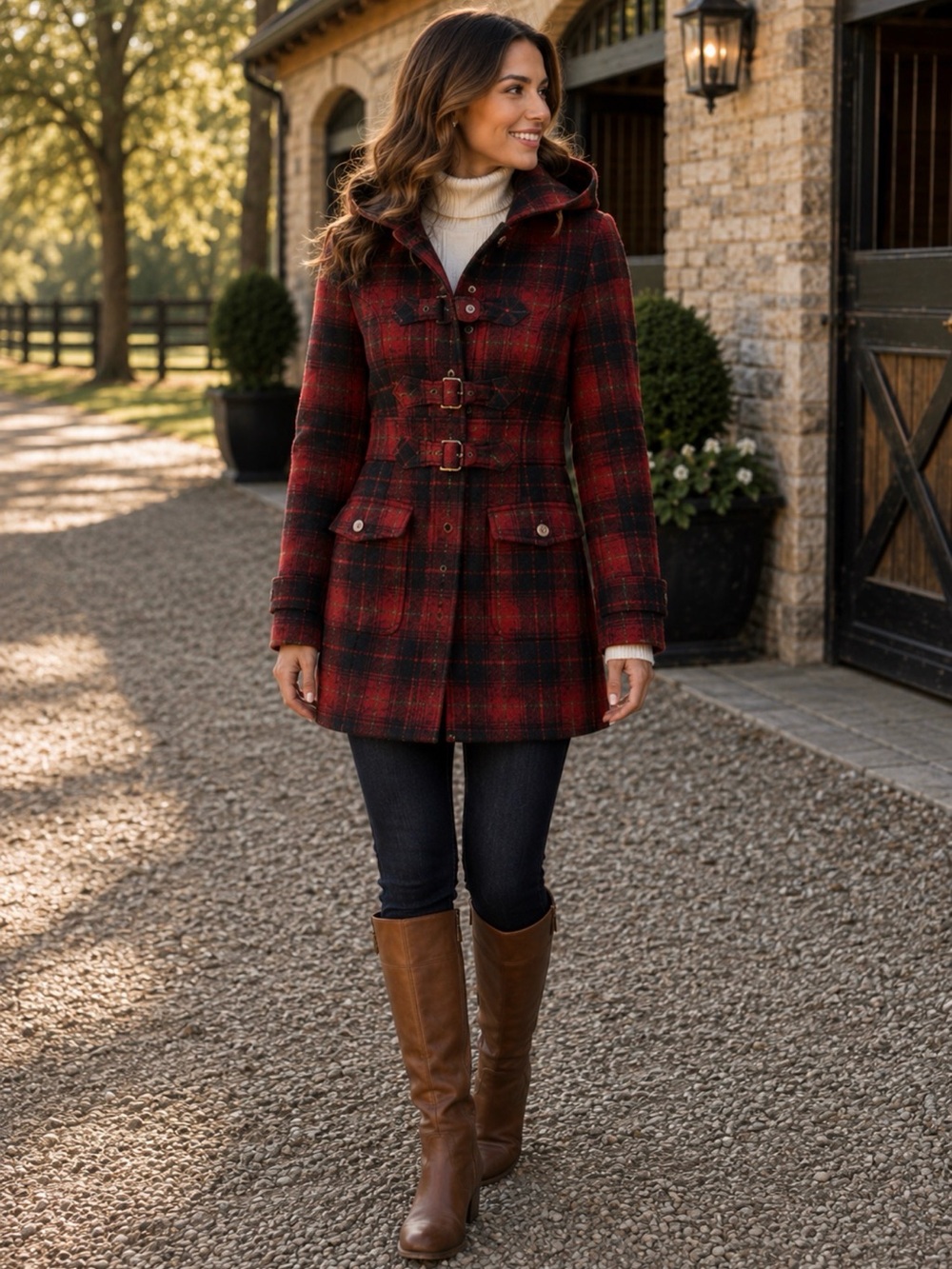 Steve Madden Red Black Plaid Hooded Toggle Wool Blend Pea Coat Coat Small